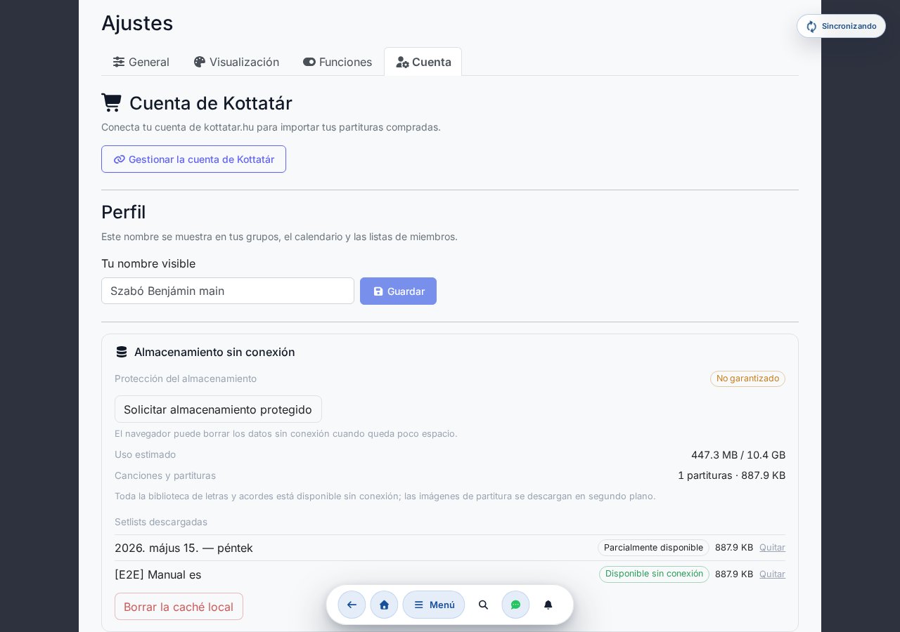 Sección de almacenamiento offline: protección del almacenamiento, uso estimado, sincronización de la biblioteca de canciones, lista de setlists descargados