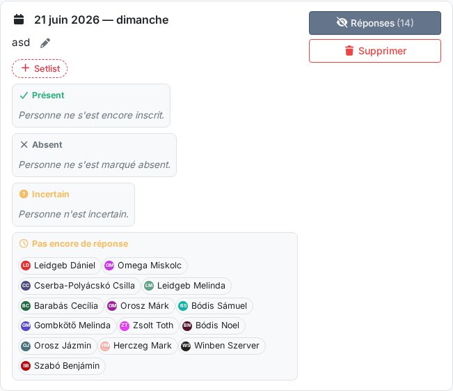 Ligne d'événement avec retour RSVP : boutons Je serai là / Incertain / Je ne serai pas là et la vue Retours dépliée
