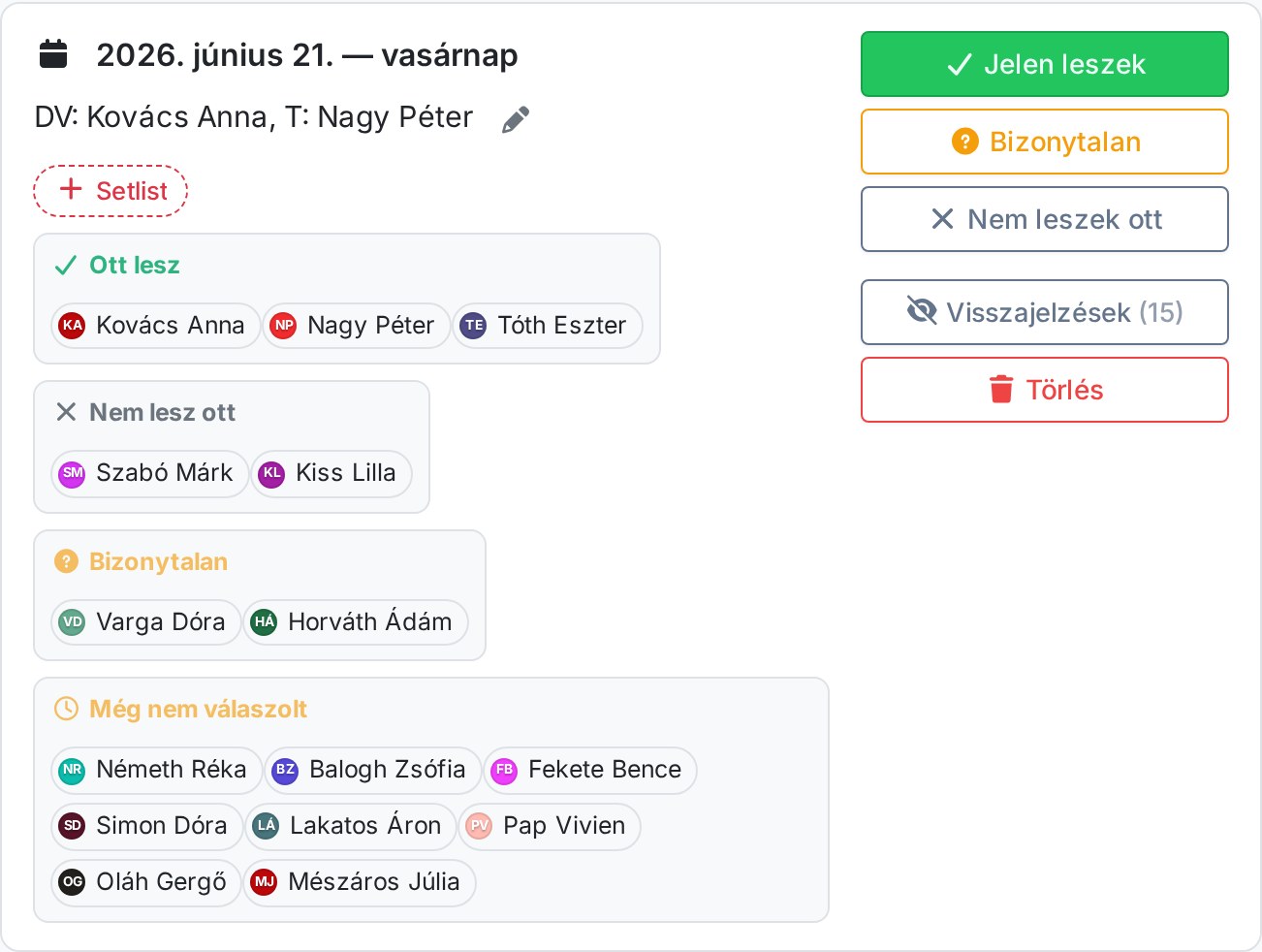 Esemény-sor RSVP visszajelzéssel: Jelen leszek / Bizonytalan / Nem leszek ott gombok és a kibontott Visszajelzések nézet