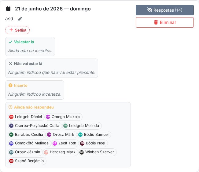 Linha de evento com resposta RSVP: botões Vou estar presente / Incerto / Não vou estar e a vista de Respostas expandida