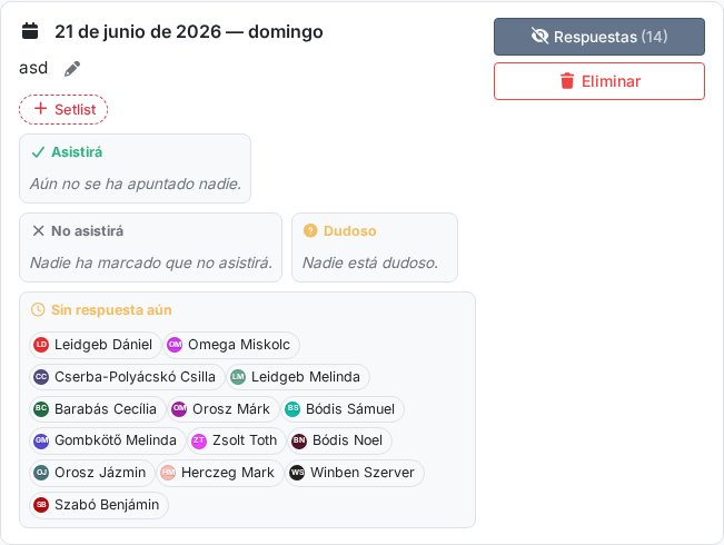 Fila de evento con confirmación RSVP: botones Estaré / No sé / No estaré y la vista de Confirmaciones desplegada