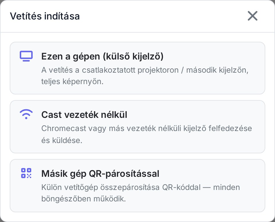 Vetítés indítása modal — Ezen a gépen, Cast vezeték nélkül, Másik gép QR-párosítással