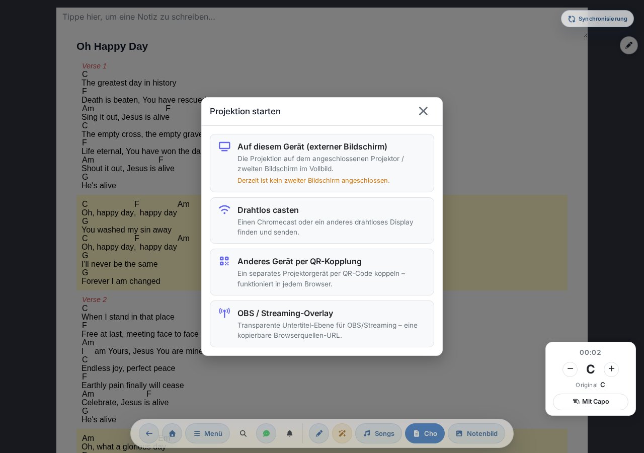 Beamen starten Modal — Auf diesem Gerät, Cast kabellos, Anderes Gerät per QR-Kopplung