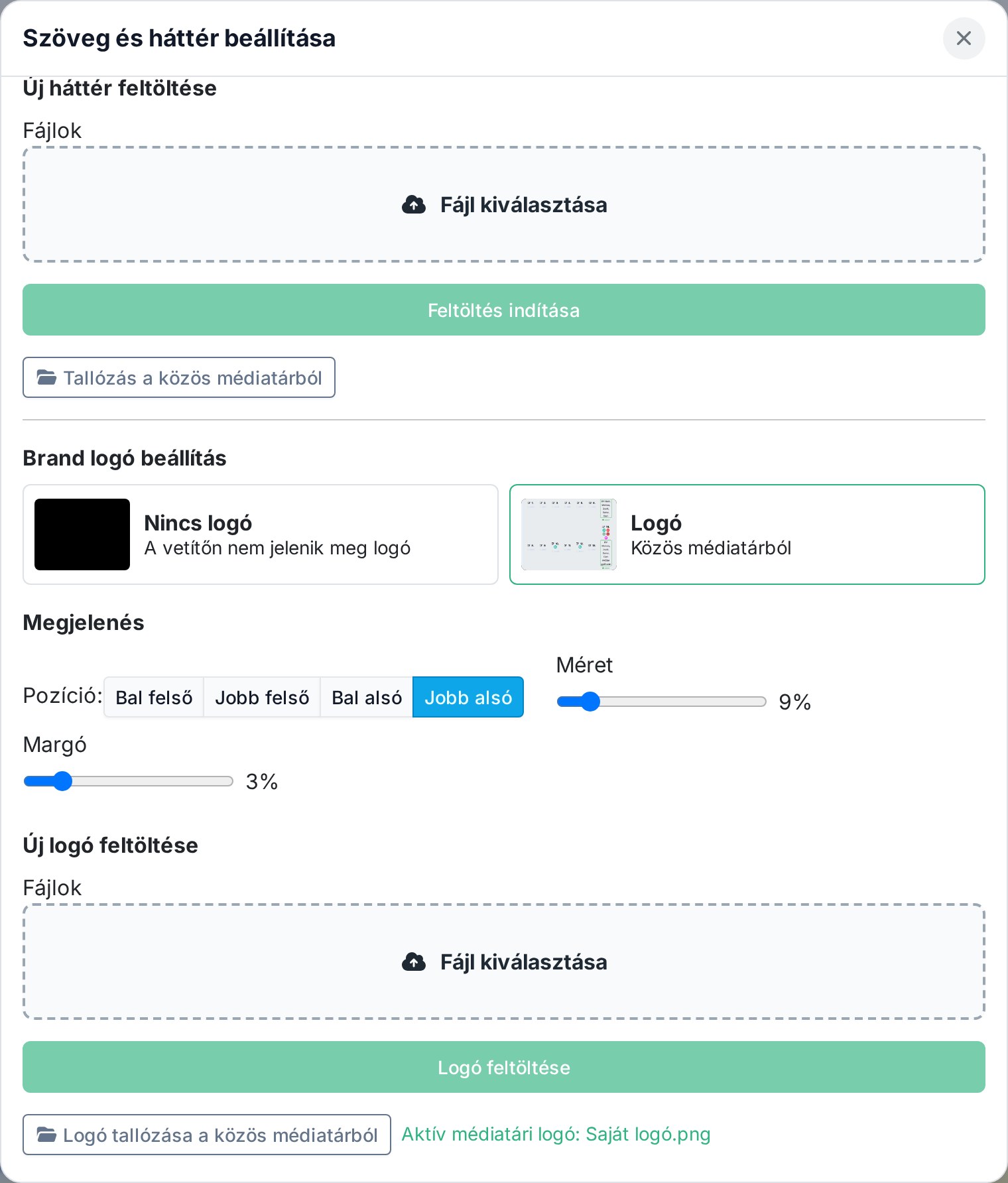 Brand logó beállítás — logóválasztó, pozíció, méret és margó