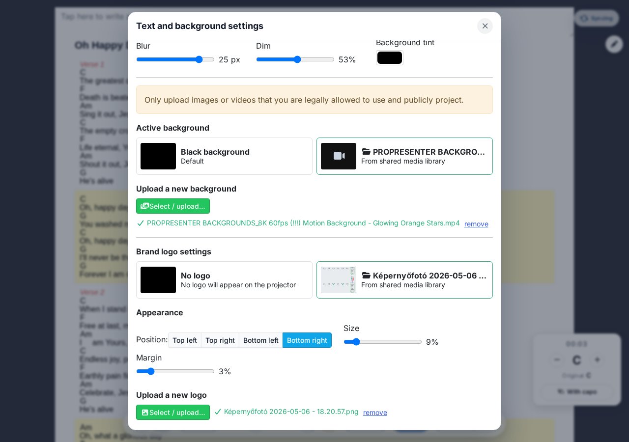 Brand logo settings — logo selector, position, size and margin