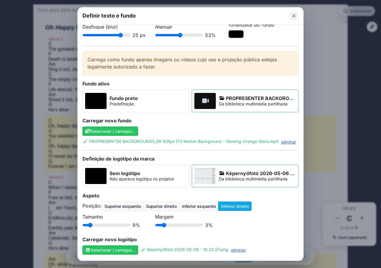 Configuração do logótipo de marca — seletor de logótipo, posição, tamanho e margem