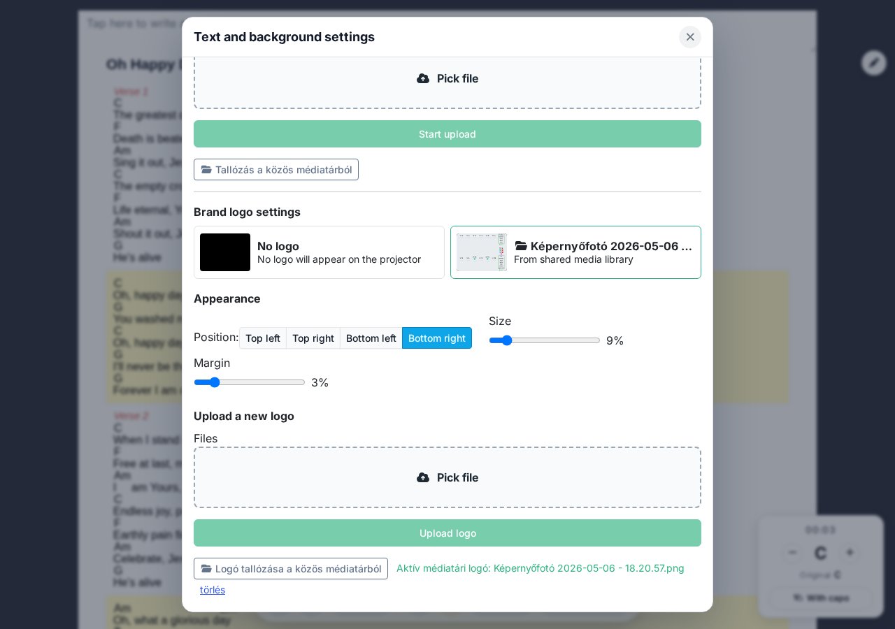 Brand logo settings — logo selector, position, size and margin