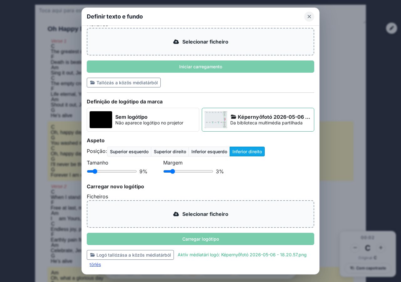 Configuração do logótipo de marca — seletor de logótipo, posição, tamanho e margem
