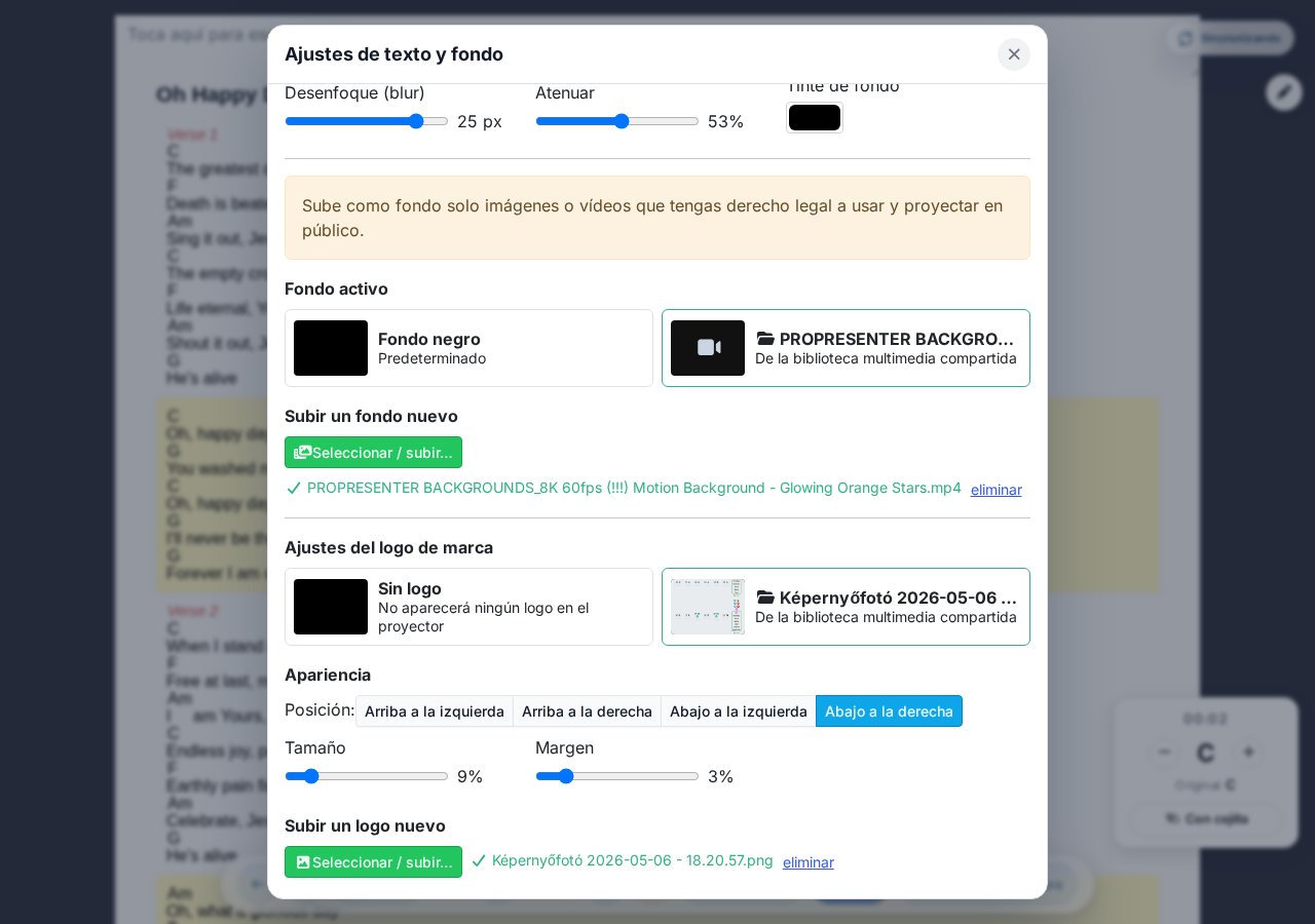 Configuración de logo de marca — selector de logo, posición, tamaño y margen