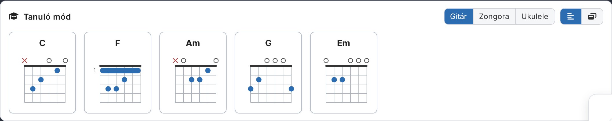 Tanuló mód — gitár/zongora/ukulele fogásdiagramok a dal akkordjaihoz