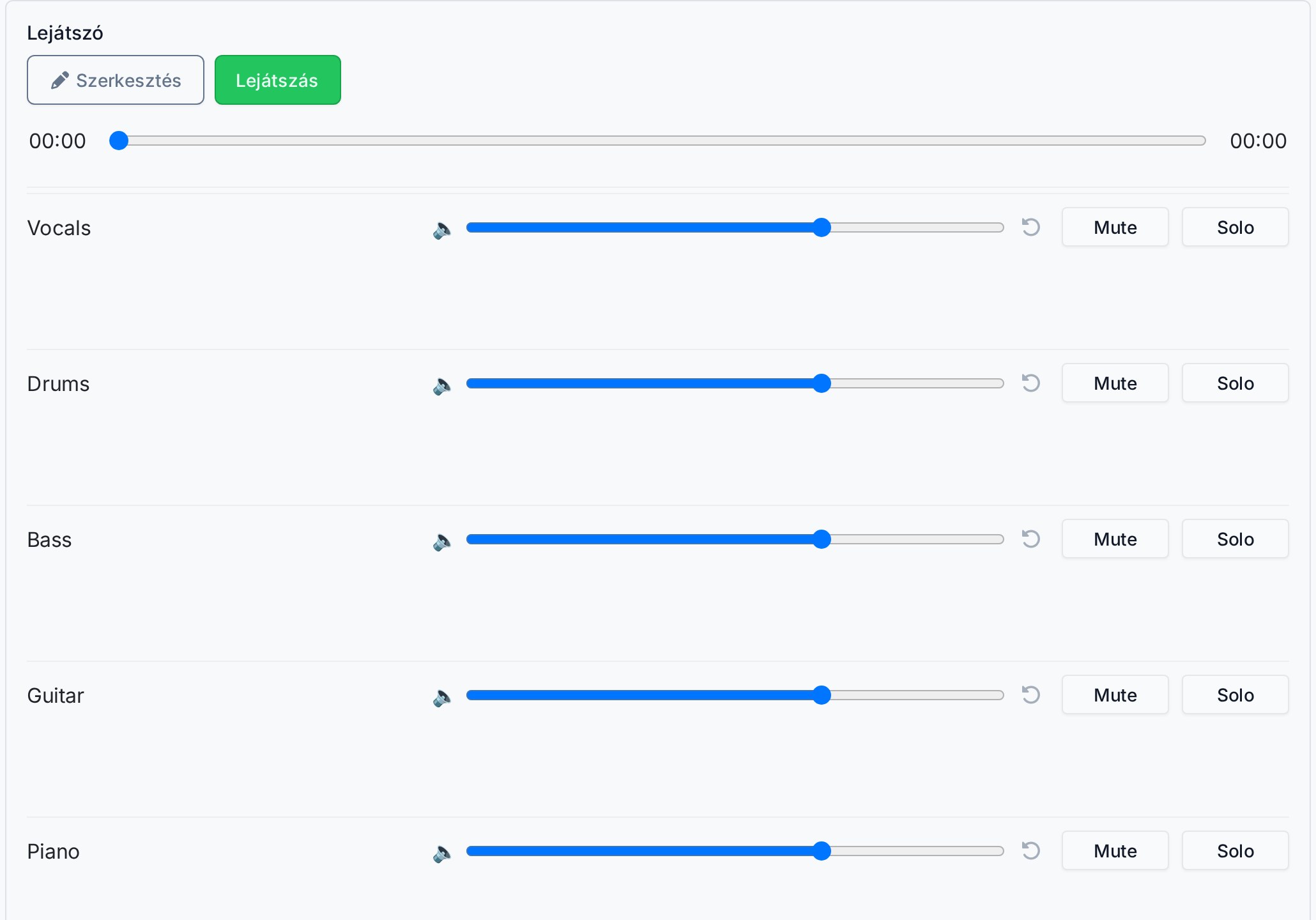 Stem / Multitrack mixer — sávonkénti hangerő, Mute/Solo, közös lejátszás