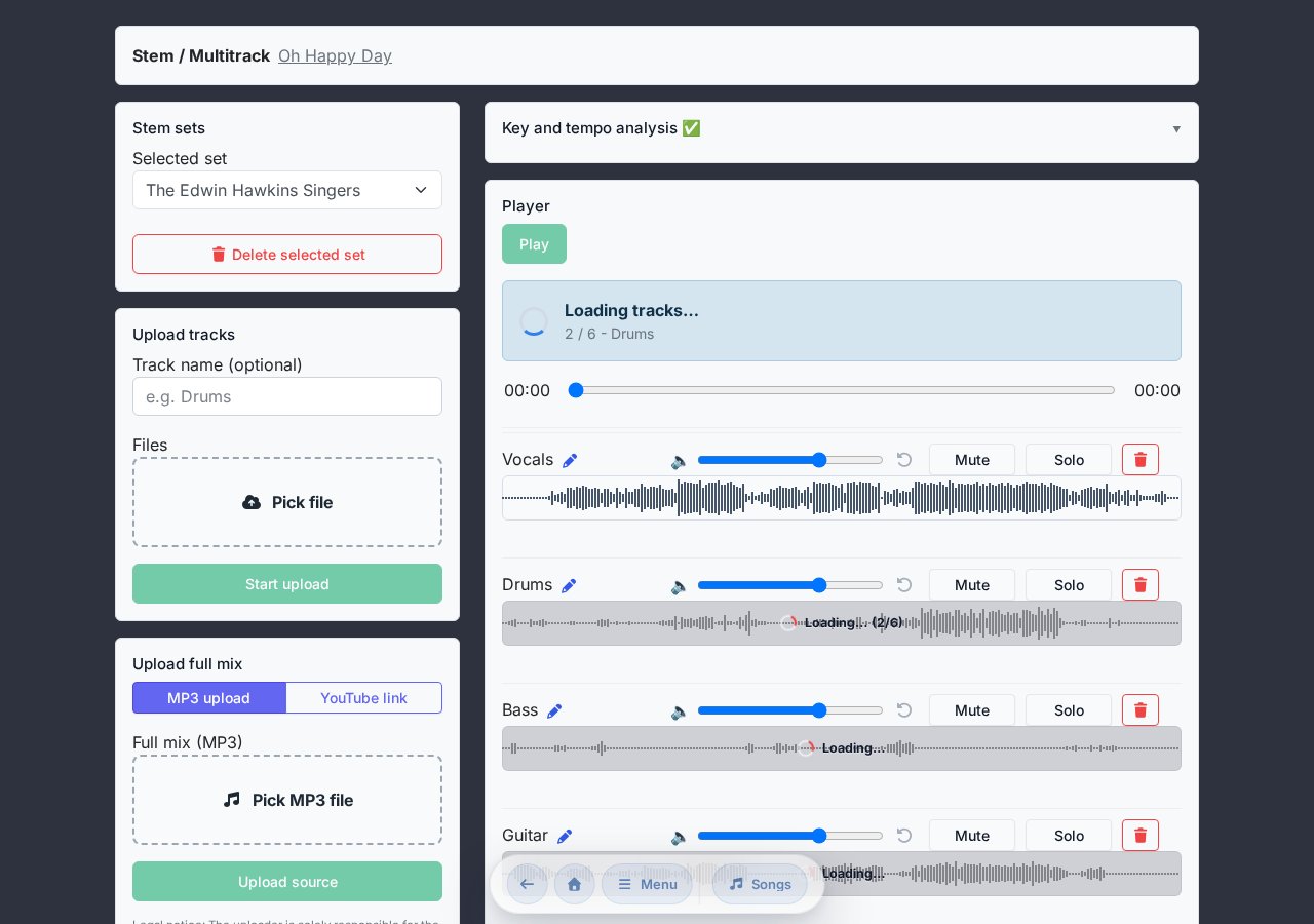 Stem / Multitrack mixer — per-track volume, Mute/Solo, shared playback