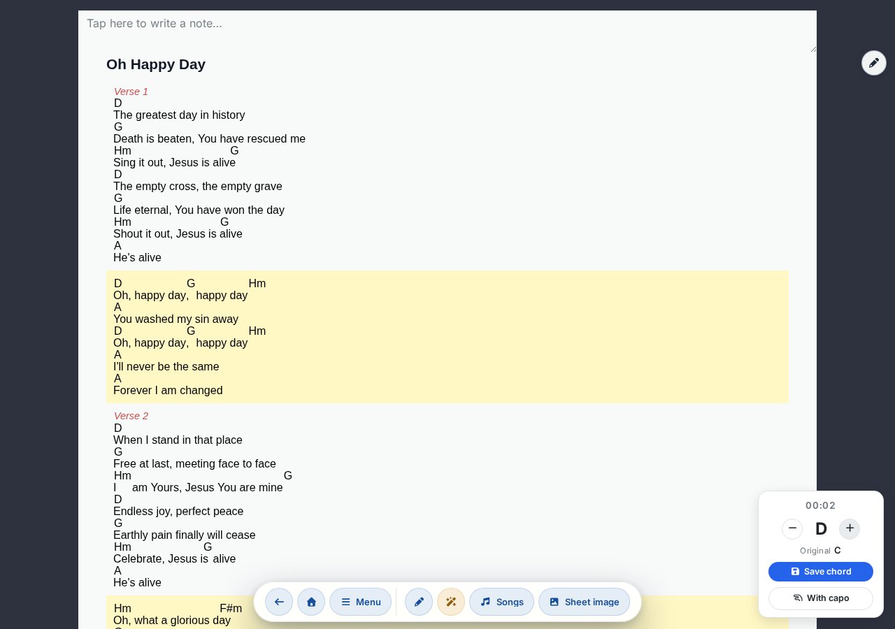The same song transposed up by +2 semitones (D)