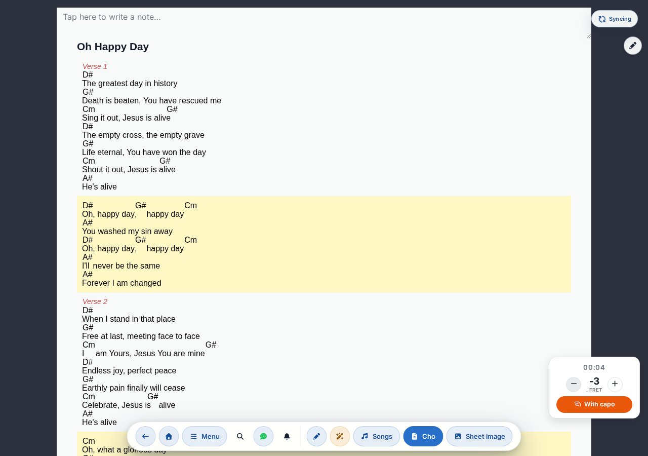The same song with capo — fingerings adjusted for capo position
