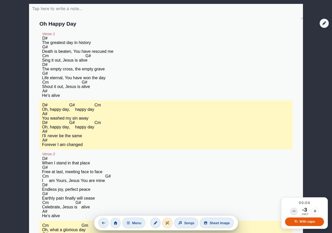 The same song with capo — fingerings adjusted for capo position