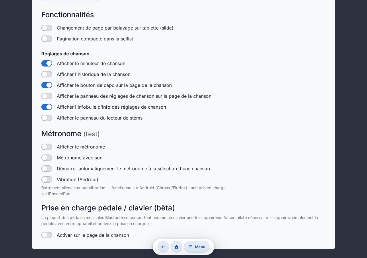 Paramètres Pédale / support clavier — interrupteur d'activation, sélecteur de profil, attribution des touches