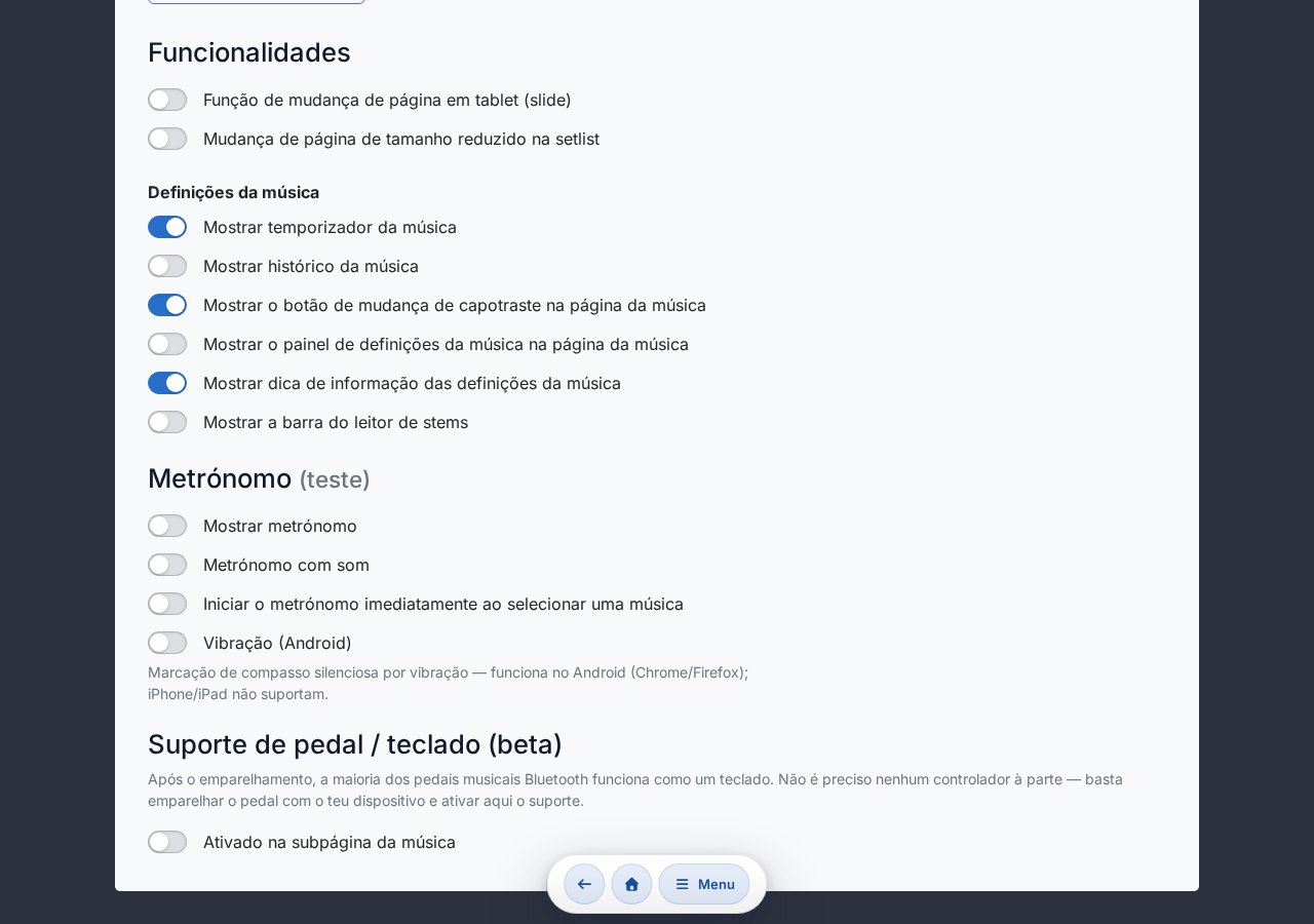 Definição de suporte a pedal / teclado — botão de ativação, seletor de perfil, mapeamento de teclas