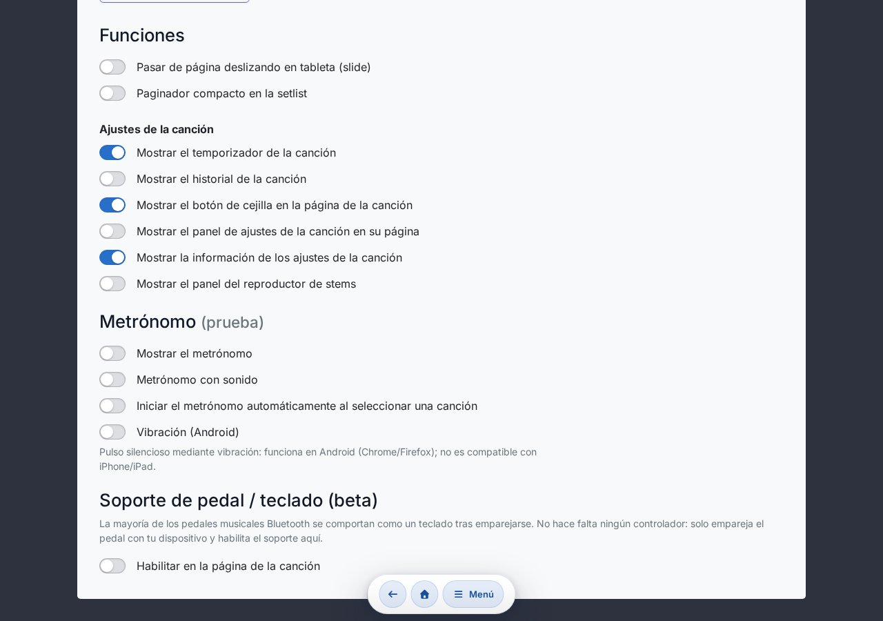 Ajuste de soporte de pedal / teclado — selector de habilitación, selector de perfil, asignación de teclas