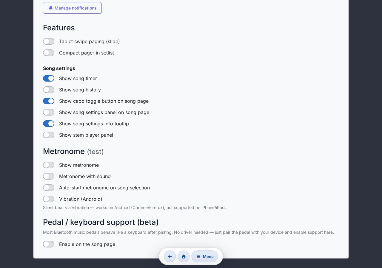 Pedal / keyboard support settings — enable toggle, profile selector, key assignment