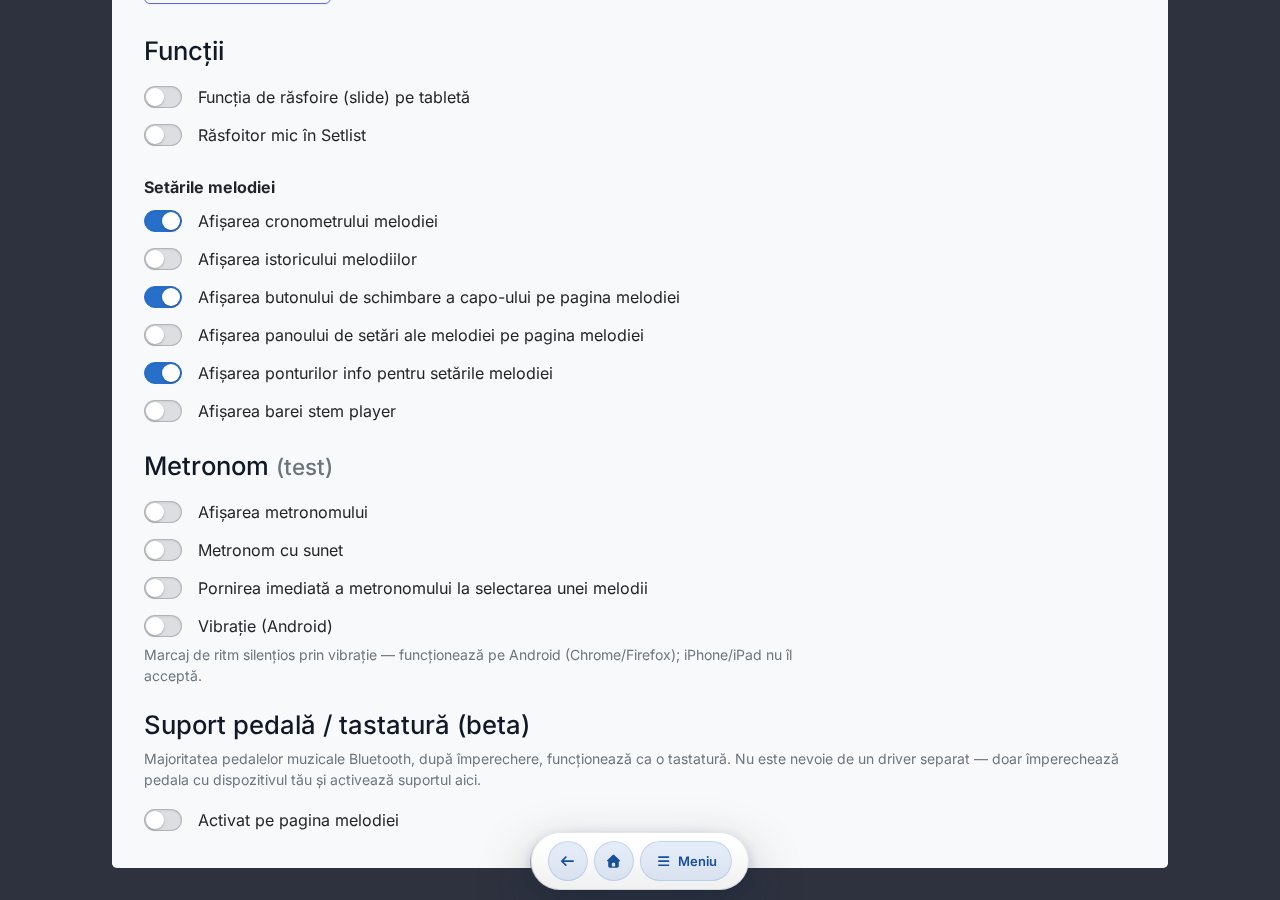 Setări suport pedală / tastatură — comutator de activare, selector profil, atribuire taste