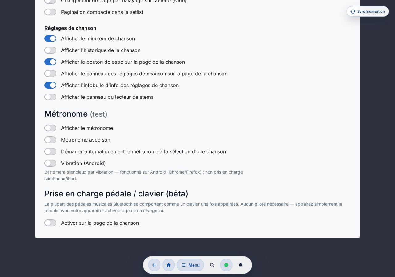 Paramètres Prise en charge pédale / clavier — interrupteur d'activation, sélecteur de profil, attribution des touches