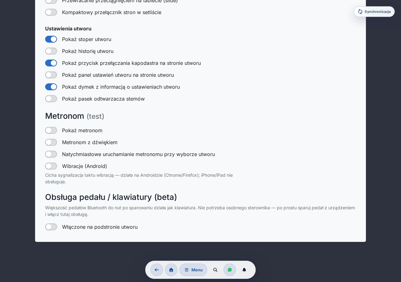Ustawienia obsługi pedału / klawiatury — przełącznik włączania, wybór profilu, przypisanie klawiszy