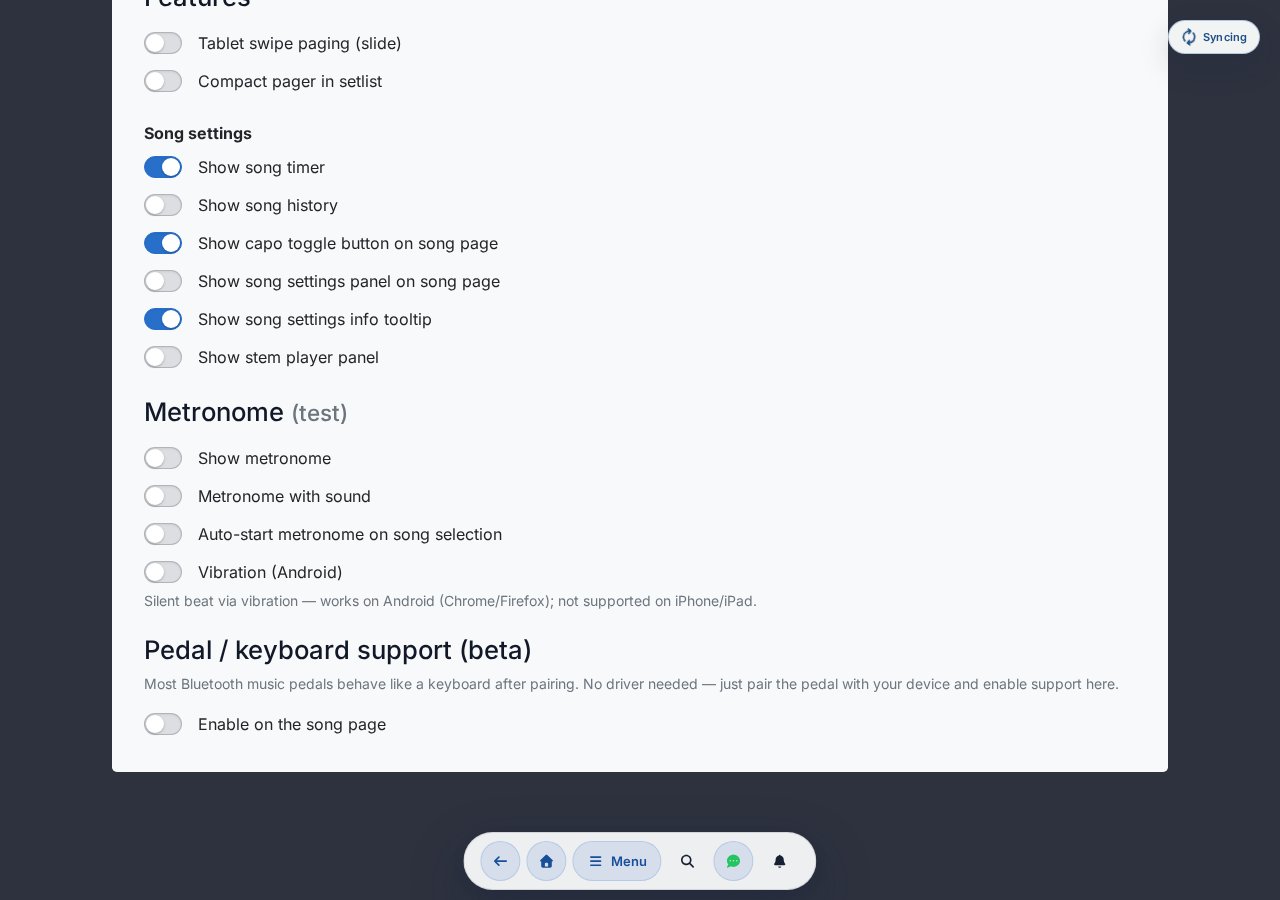 Pedal / keyboard support settings — enable toggle, profile selector, key assignment