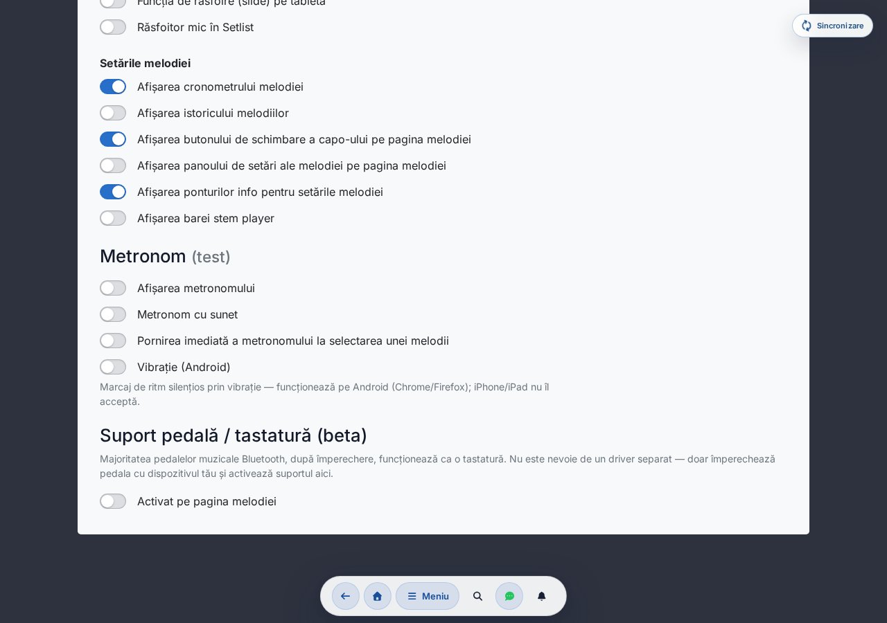 Setări suport pedală / tastatură — comutator de activare, selector profil, atribuire taste