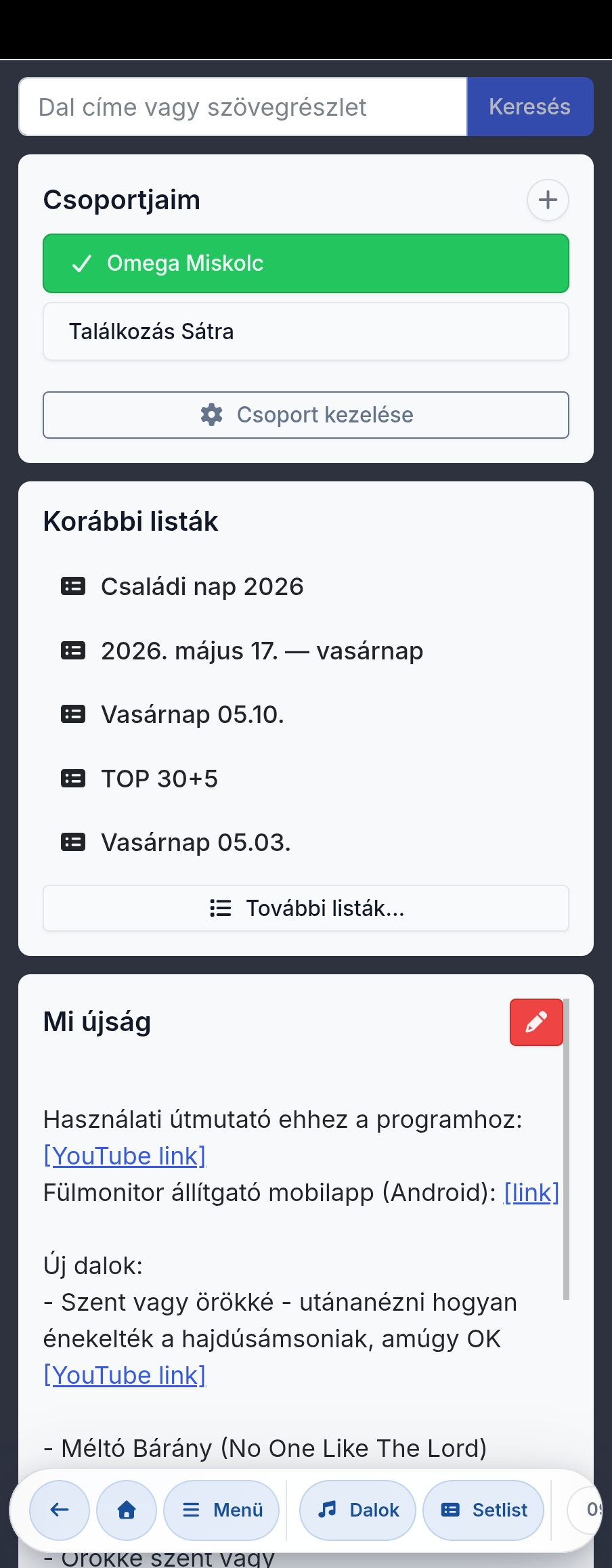 Chords365 kezdőképernyő eseményekkel és csoportokkal