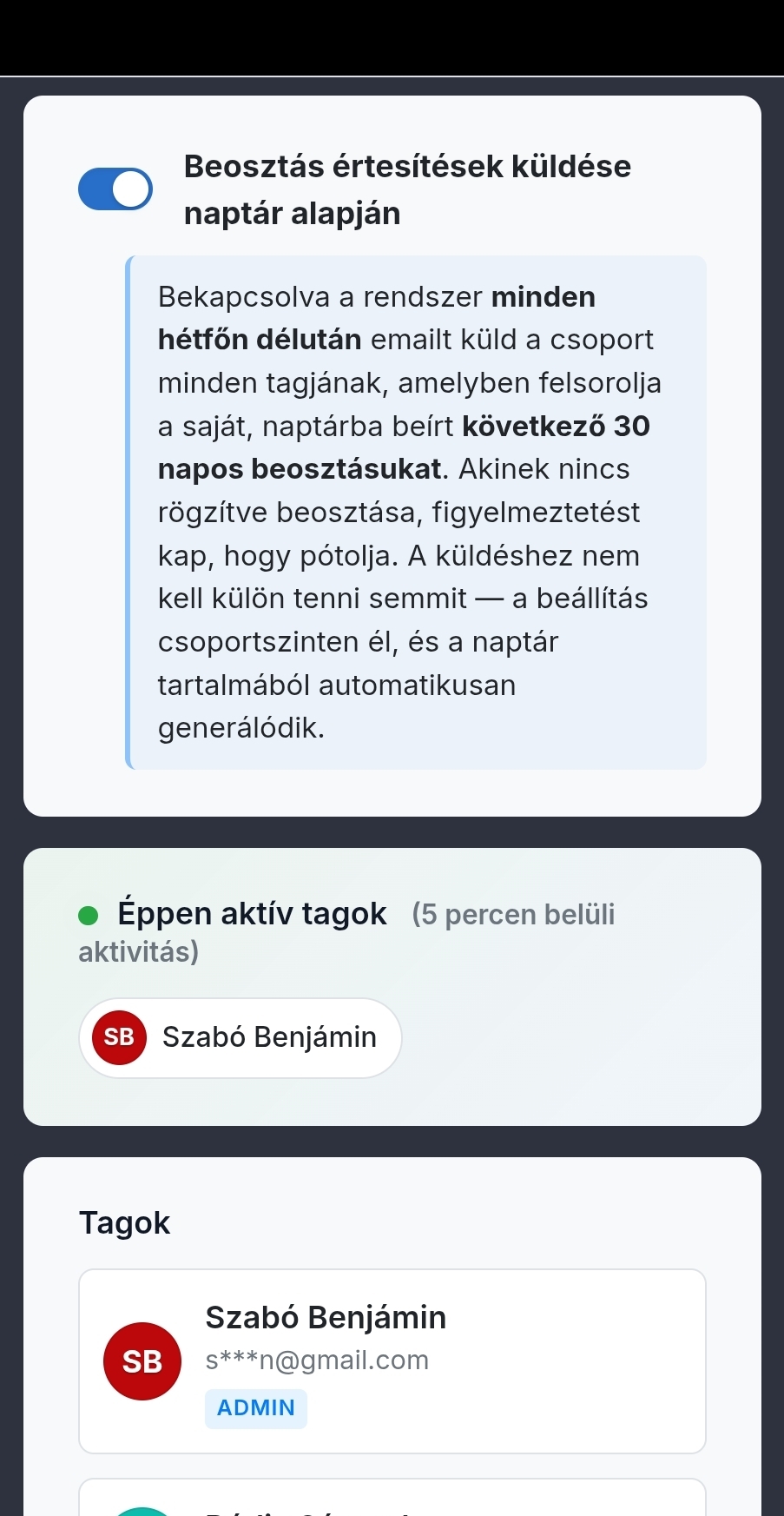 Chords365 csoportadmin felület tagokkal és csoportbeállításokkal
