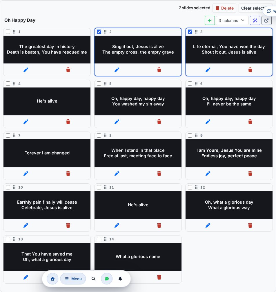 Slide grid with the sample song's slides: the selection toolbar at the top, the column count selector and the open-song button in the song header, a selection checkbox and a drag handle on every slide card
