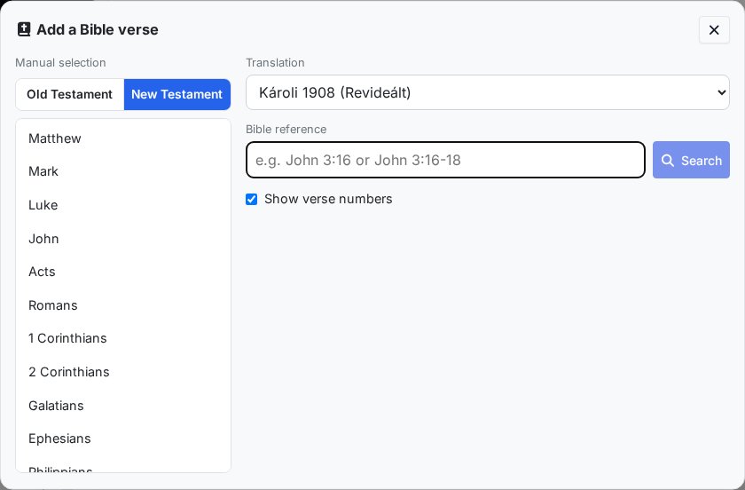 Adding a scripture verse: the manual book and chapter selector on the left, the translation selector, the reference search and the preview of the found verses on the right