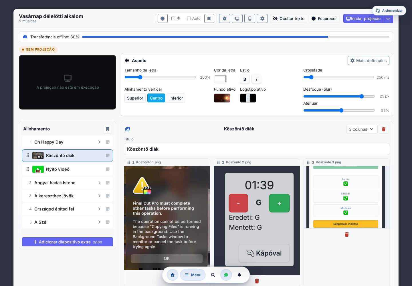 Editor de sequência de diapositivos de imagem: título e a grelha de imagens como cartões reordenáveis