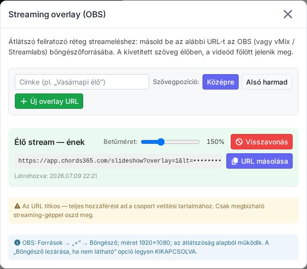 OBS / streaming overlay: másolható, visszavonható Browser Source URL a stream feliratozásához