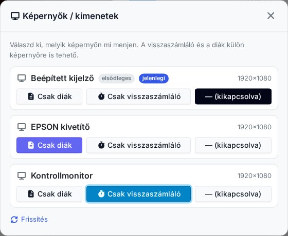 Képernyők / kimenetek: képernyőnként Csak diák vagy Csak visszaszámláló szerep