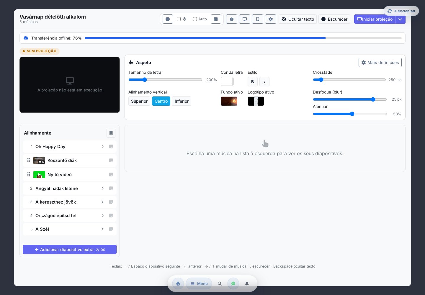 Painel de controlo de projeção: em cima a pré-visualização ao vivo e o painel Aparência, à esquerda a Lista do programa, à direita a área de diapositivos