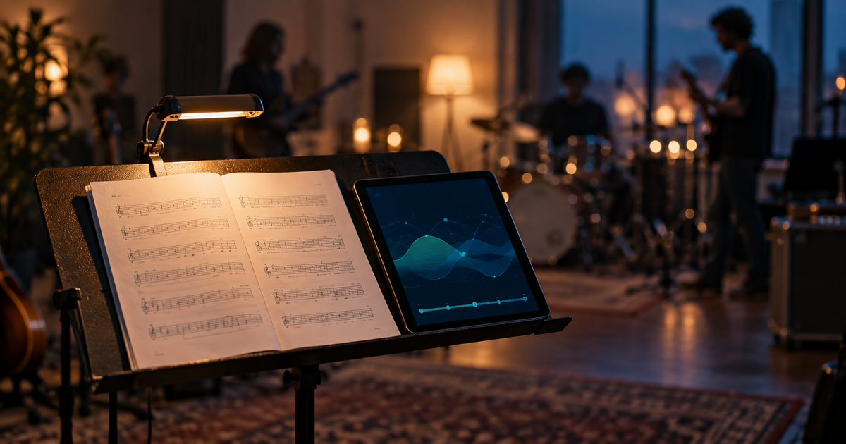 Sala de ensaio com luz quente, estante de música, partitura aberta e tablet