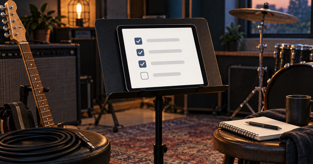 Tablet im Proberaum mit anonymer Checkliste ohne Liedtexte.