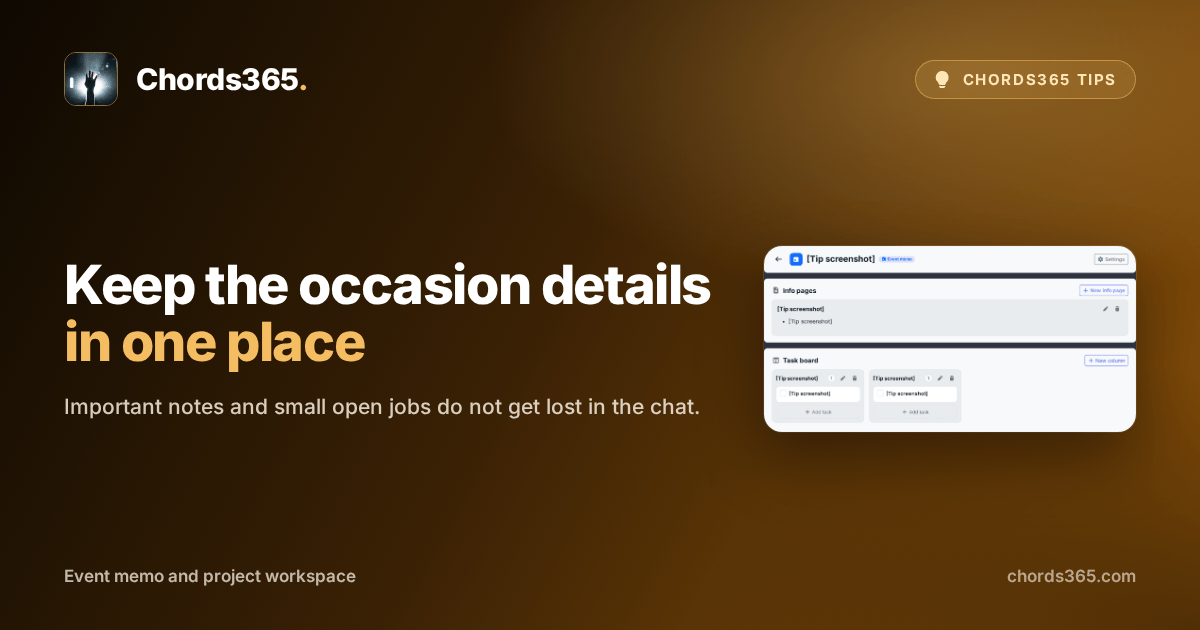 A Chords365 event memo with an info page and a three-column task board.