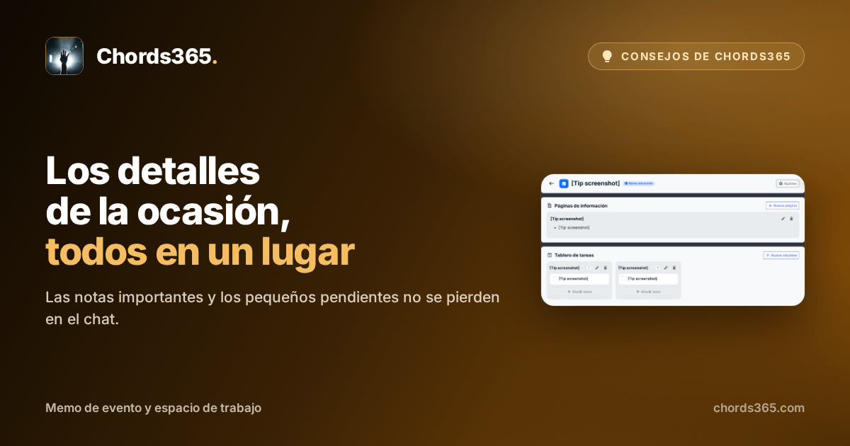 Un memo de evento de Chords365 con una página de información y un tablero de tareas de tres columnas.