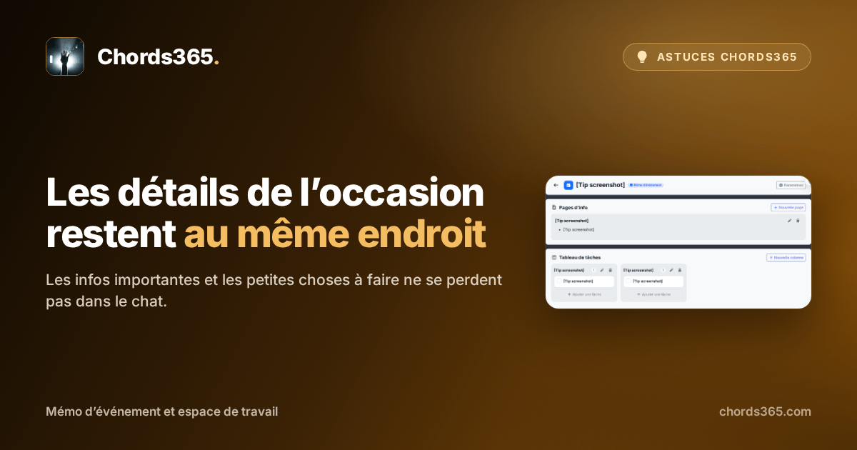 Un mémo d’événement Chords365 avec une page d’information et un tableau de tâches à trois colonnes.