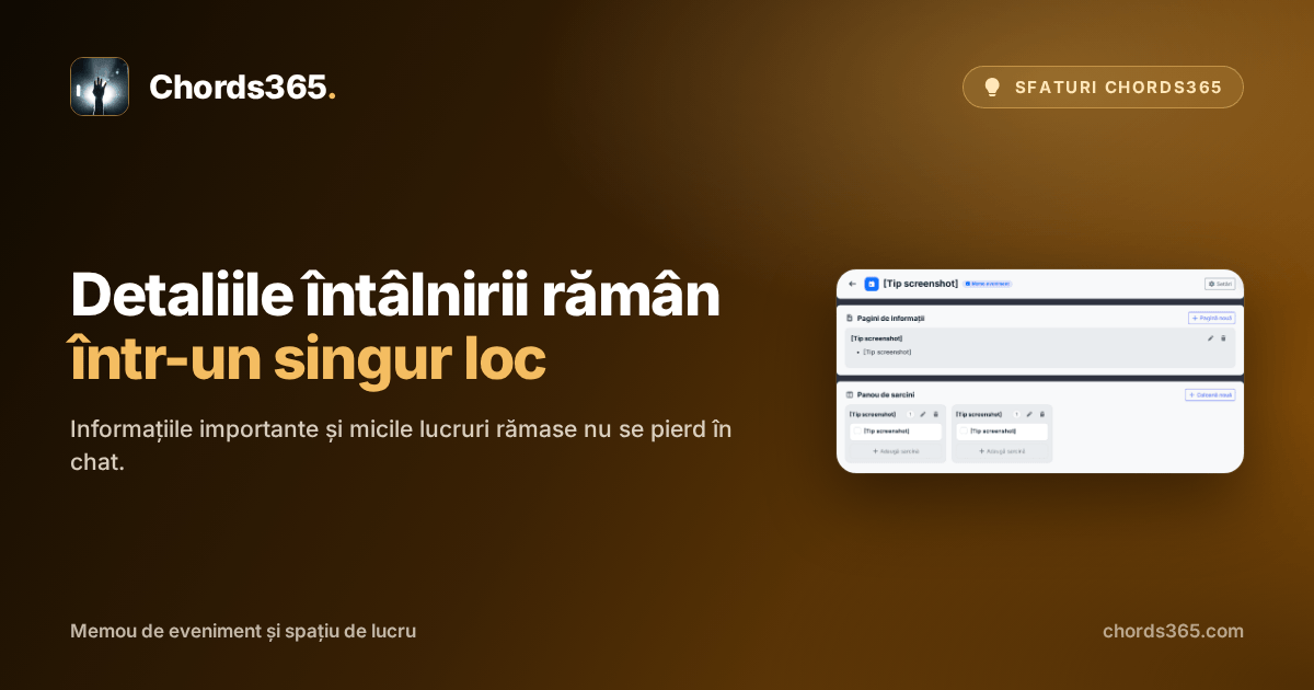 Un memou de eveniment Chords365 cu o pagină de informații și un panou de sarcini cu trei coloane.