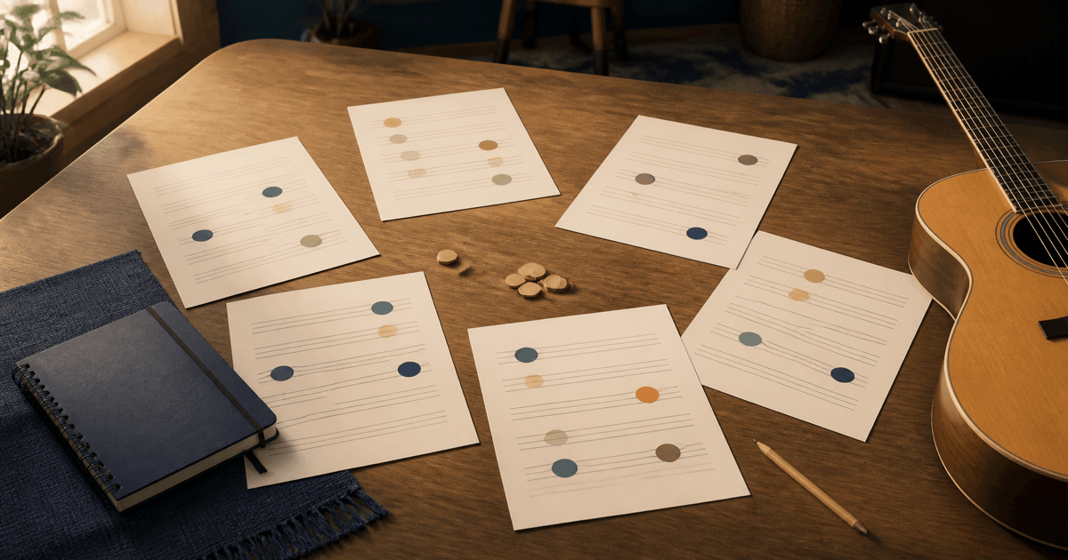 A rehearsal table with a guitar, unlabeled music sheets marked by coloured dots and small wooden tokens.