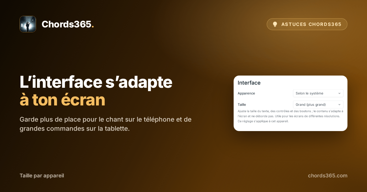 La section anonymisée Interface de Réglages → Affichage dans Chords365, avec les tailles Compact, Normal et Grand.