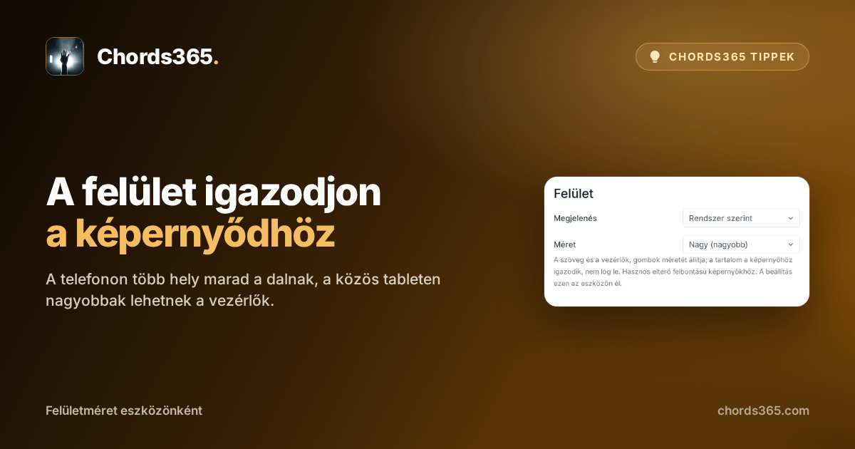 A Chords365 Beállítások Megjelenítés lapjának anonimizált Felület része, a Kompakt, Normál és Nagy méretválasztóval.