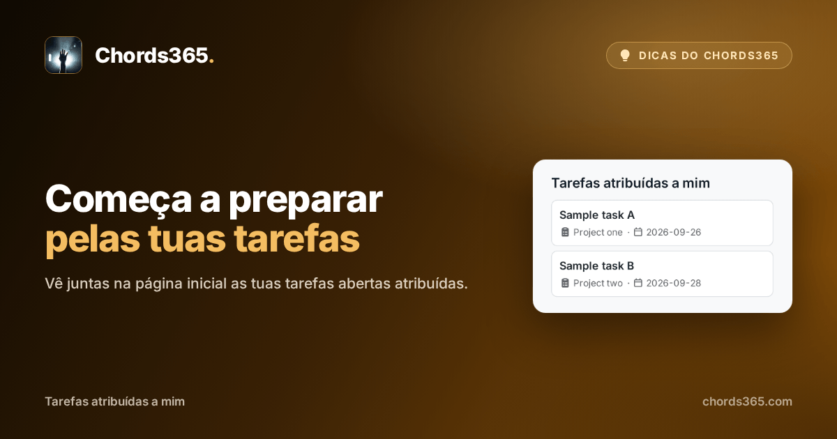Um widget anónimo da página inicial do Chords365 com as tarefas atribuídas à pessoa atual.