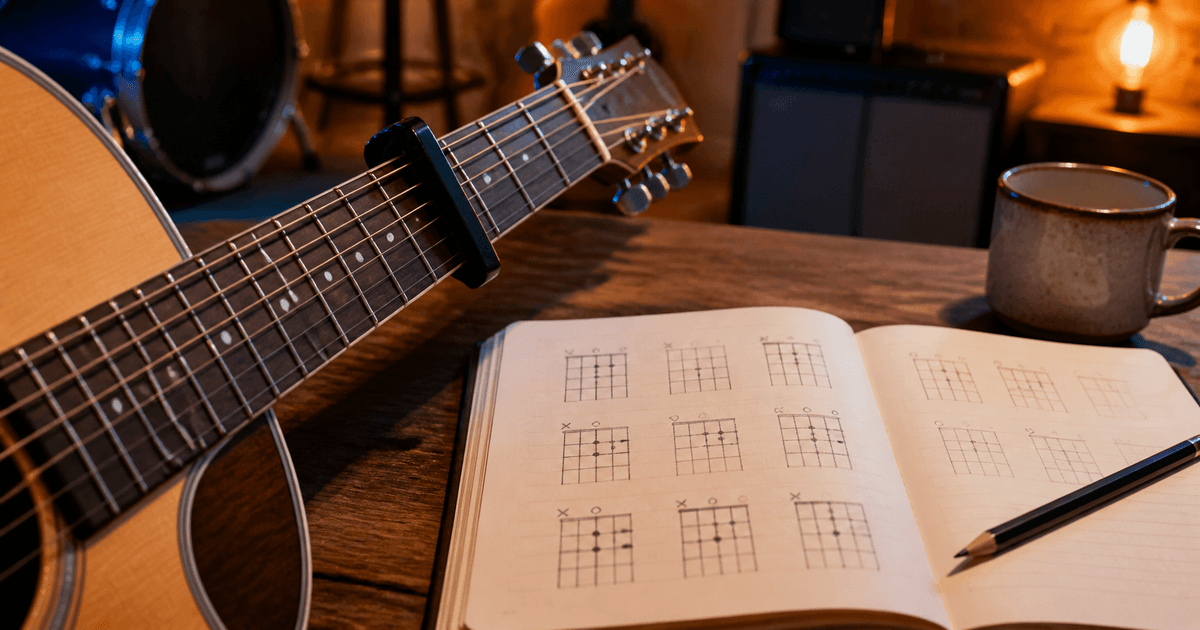 An acoustic guitar with a capo on a rehearsal-room table, beside unlabeled chord diagrams.
