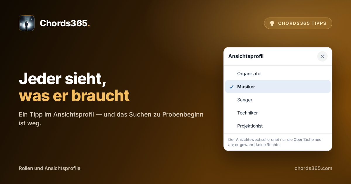 Das Chords365-Fenster „Ansichtsprofil“: Auswahl zwischen Organisator, Musiker, Sänger, Techniker und Projektionist, aktuell ist Musiker aktiv.