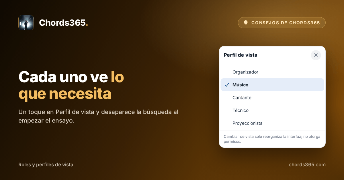 La ventana «Perfil de vista» de Chords365: se puede elegir entre Organizador, Músico, Cantante, Técnico y Proyeccionista; ahora está activo Músico.