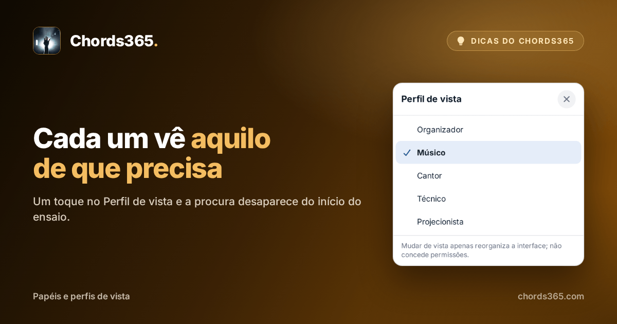 A janela «Perfil de vista» do Chords365: é possível escolher entre Organizador, Músico, Cantor, Técnico e Projecionista; neste momento está ativo o Músico.